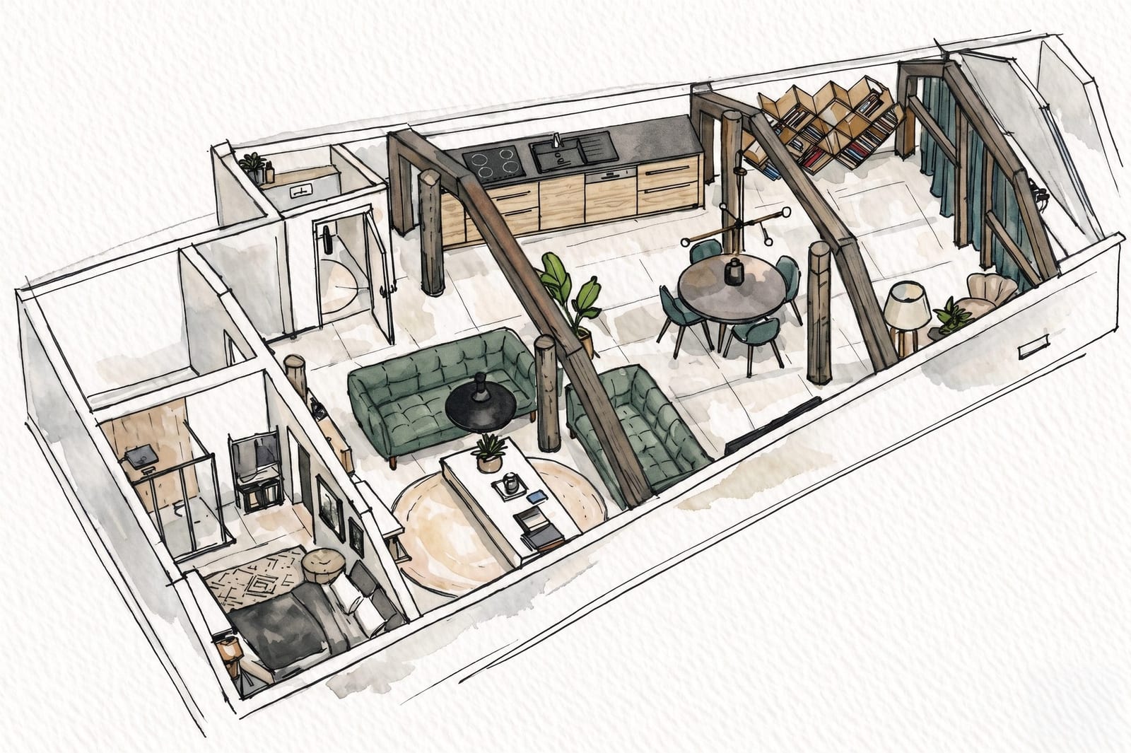 Plan 3D illustré d'un appartement rénové