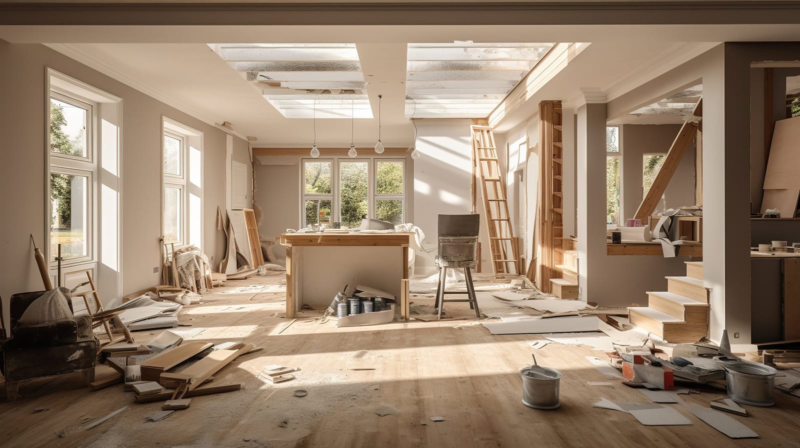 Chantier de rénovation intérieure mené par BATI-R, grande pièce lumineuse